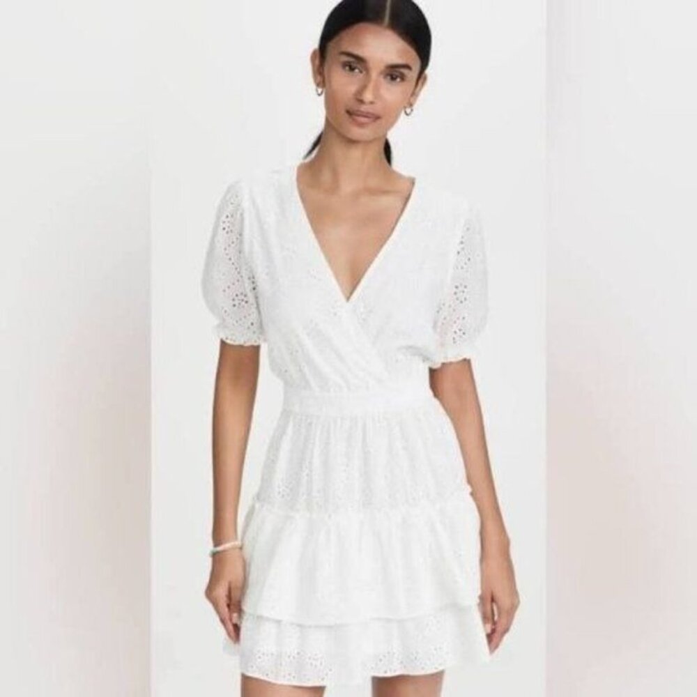 WAYF Reese Smocked Waist Tiered Mini Dress White Eyelet Puff Sleeves Size Small